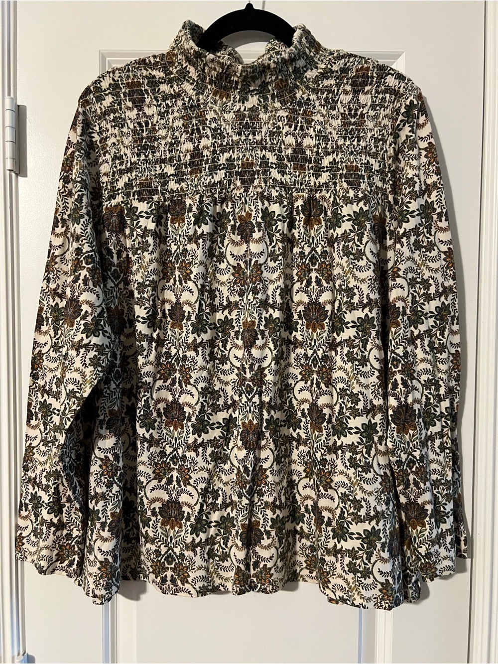 Floral Smocked High-Neck Blouse - Cream, Brown & Green